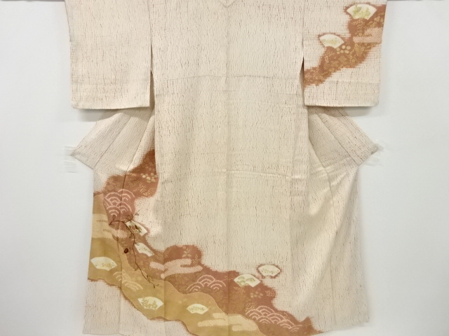 アンティーク　板締め絞り橘に草花・青海波模様刺繍着物